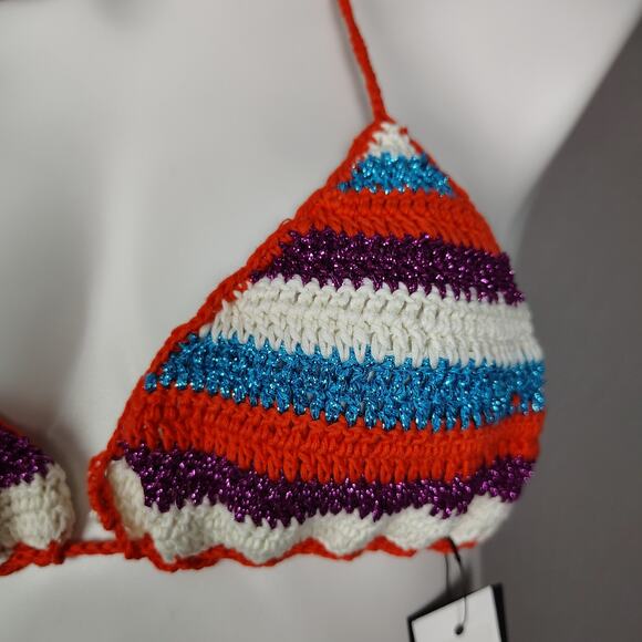 ROSE CARMINE Metallic Crochet-Knit Cotton Stripe Bikini Set Top M/L Bottoms 2 - Picture 12 of 16